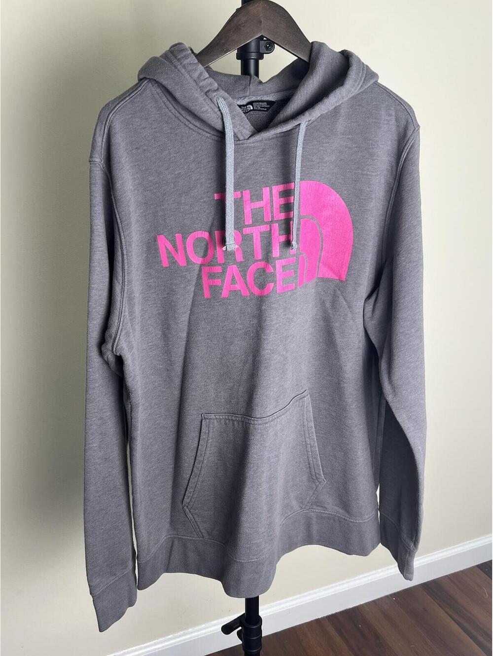 The North Face Hoodie Mens XL Gray Pink Logo Pullover Sweatshirt Kangaroo Pocket